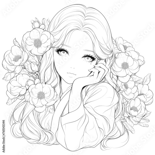 Pencil drawing of an anime girl with flowers, black and white, coloring book