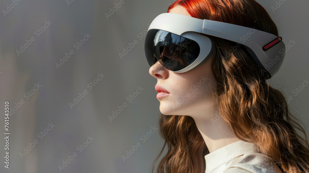 A woman indoors looking through a virtual reality headset with a blurred background A woman indoors looking through a virtual reality headset with a blurred background