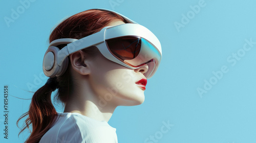 Side profile of a woman with red hair using a virtual reality headset, possibly in a focused gaming session