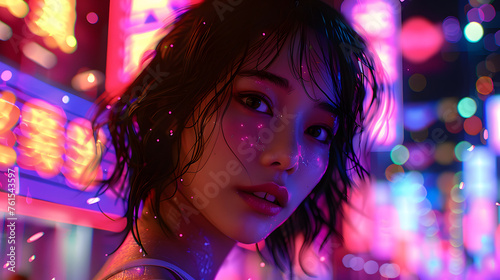 A captivating close-up portrait of a woman's face with neon paints glowing in a futuristic city ambiance
