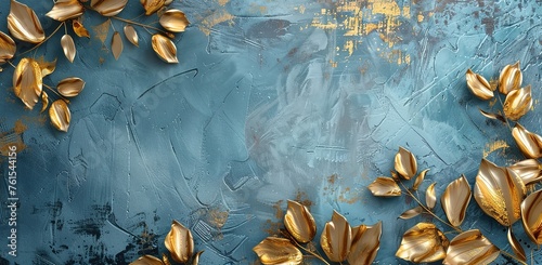 Golden leaves adorn the textured azure fabric: a harmonious combination of nature and artistry, conveying the essence of elegance and tranquility