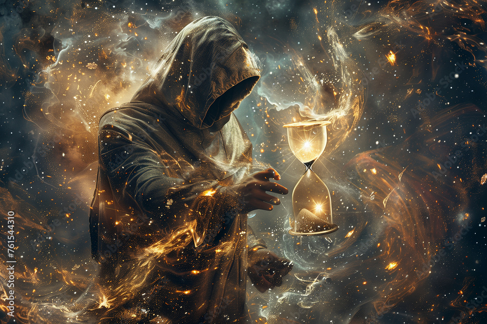 hooded figure holding a celestial hourglass, with celestial bodies swirling within it, foretelling the cosmic countdown to doomsday, - obrazy, fototapety, plakaty 