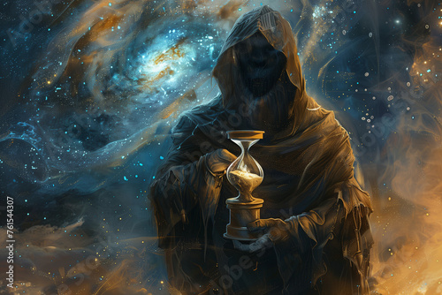 hooded figure holding a celestial hourglass, with celestial bodies swirling within it, foretelling the cosmic countdown to doomsday, © forenna