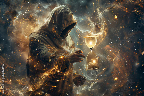 hooded figure holding a celestial hourglass, with celestial bodies swirling within it, foretelling the cosmic countdown to doomsday,
