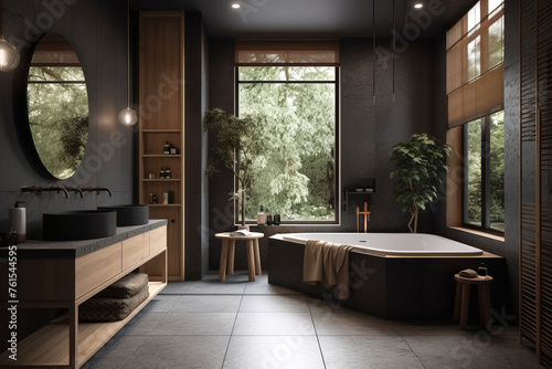 Cozy interior of bathroom in modern house in Japandi style. © tynza