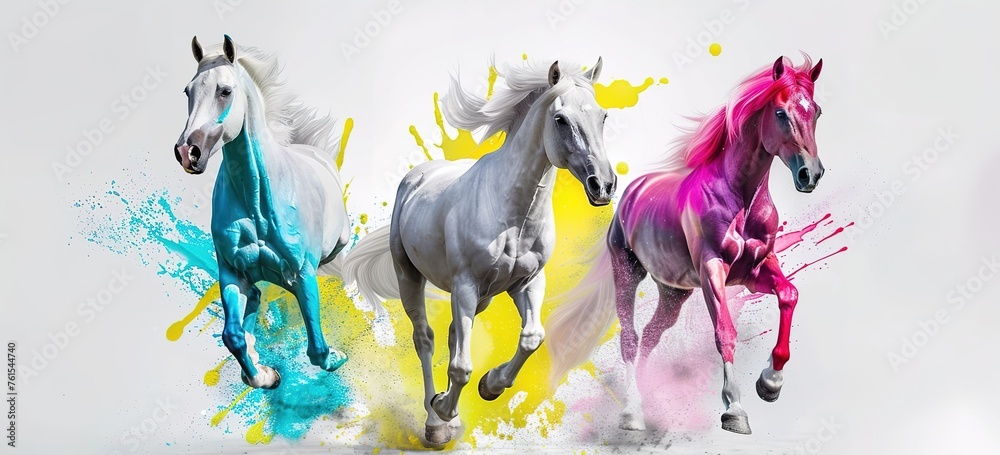 Majestic Horses in Motion: A colorful and dynamic image of three galloping horses with vibrant artistic paint splatters - obrazy, fototapety, plakaty 