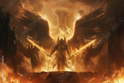 Archangels wielding flaming swords, standing guard at the gates of paradise, as demons are banished to the depths of hell, judgment day, doomsday, God is Judging, photo