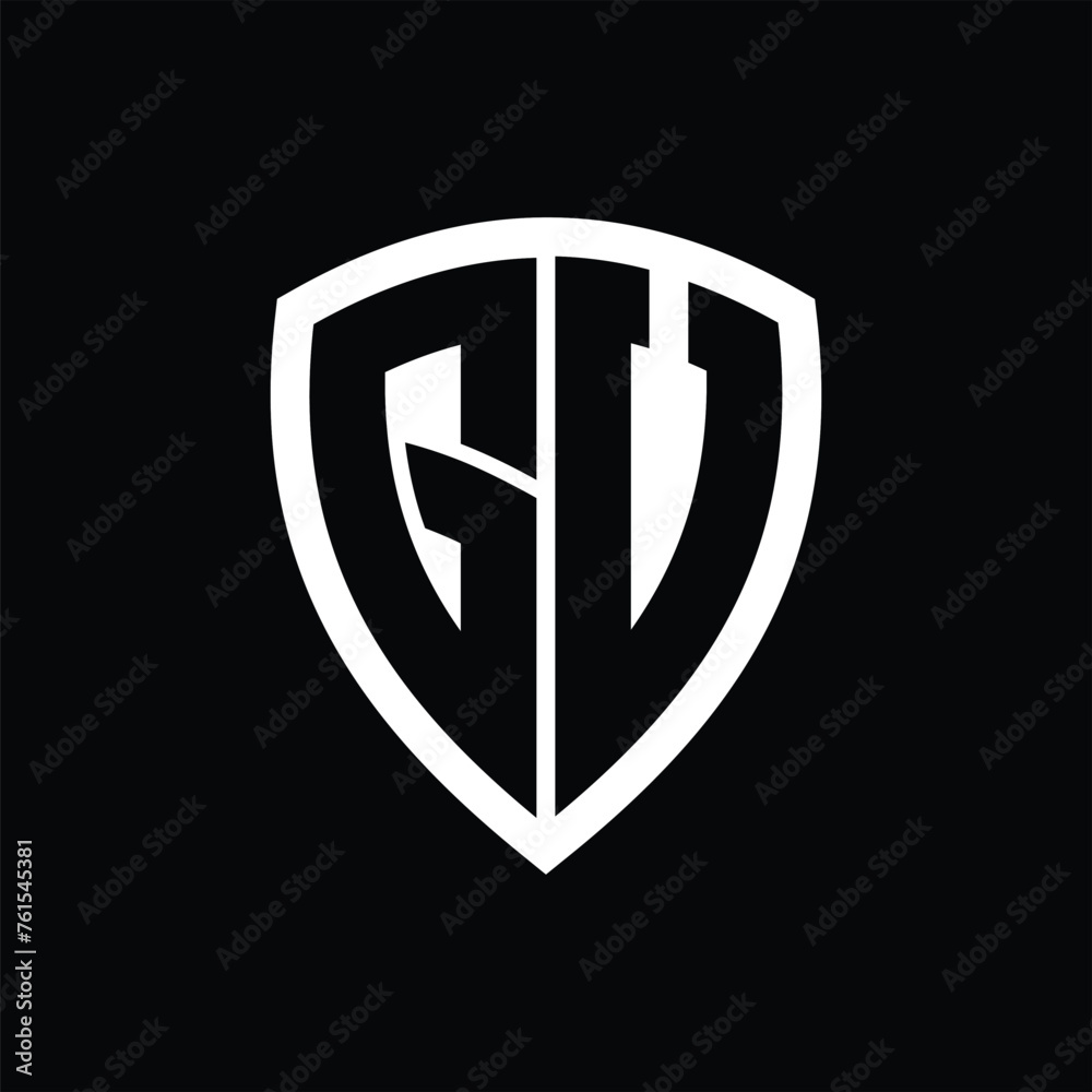 GV monogram logo with bold letters shield shape with black and white color design GV monogram logo with bold letters shield shape with black and white color design
