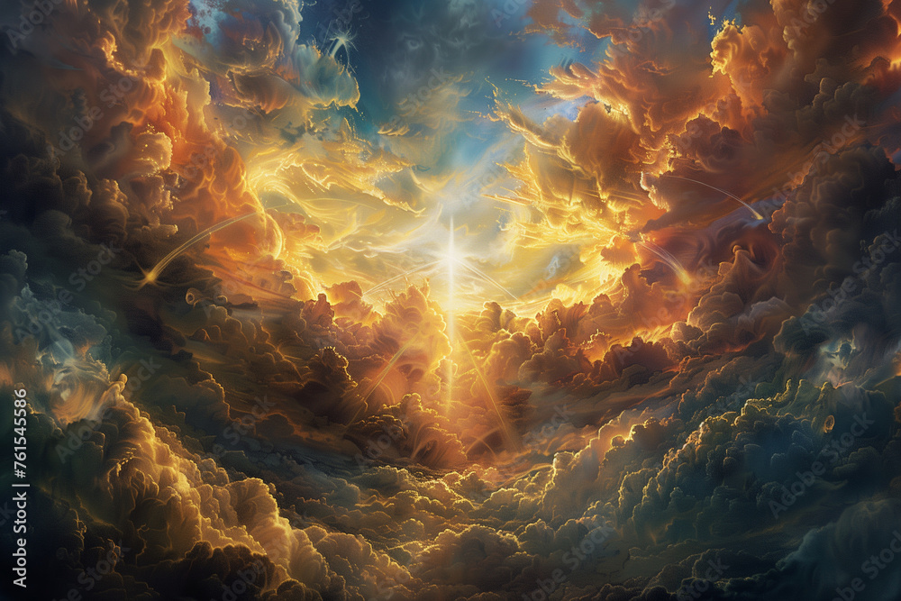 Fototapeta premium The heavens ablaze with divine light as the righteous ascend in glory, while the earth below trembles under the weight of judgment day, doomsday, God is Judging,