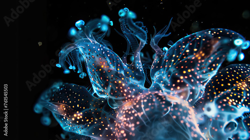 Bioluminescent deep sea ocean creature isolated against black background, vibrant abstract organic nature-inspired natural textures banner background