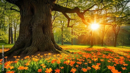 A large tree with orange tulip flowers around it, the sun shining through leaves in an open park. #761546191