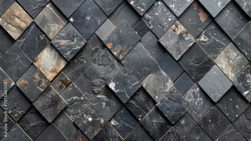 Abstract dark blck anthracite gray grey 3d vintage worn shabby lozenge diamond rue motif tiles stone concrete cement marbled stone wall texture wallpaper background, seamless pattern. - obrazy, fototapety, plakaty 