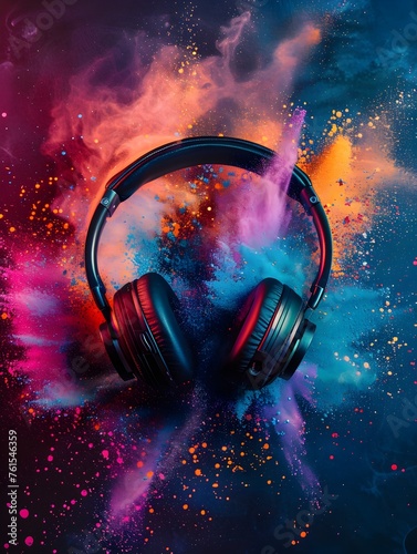 Headphones with cosmic paint explosion backdrop - Vivid cosmic colors explode around a pair of stylish headphones, symbolizing dynamic sound and creativity