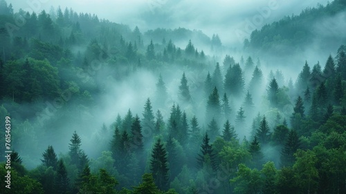 Amazing mystical rising fog forest trees landscape in black forest blackforest ( Schwarzwald ) Germany panorama banner