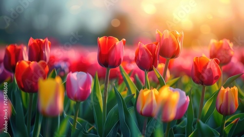 Panoramic landscape of blooming tulips field illuminated in spring by the sun,banner design.