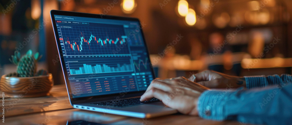 Stock trading investor trader broker using crypto exchange platform analyzing chart data on screen. Online investing money in financial market prices indexes analysis and forecast background. - obrazy, fototapety, plakaty 