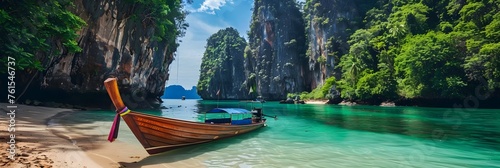 Idyllic tropical beach with a longtail boat - Pristine Thai beach with a traditional longtail boat floating near the cliff-lined shores of a serene emerald sea