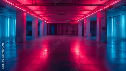 Vibrant industrial hallway with pink neon - A spacious industrial interior hallway bathed in a vibrant pink neon light creating a futuristic atmosphere
