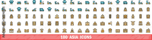 100 asia icons set. Color line set of asia vector icons thin line color flat on white photo