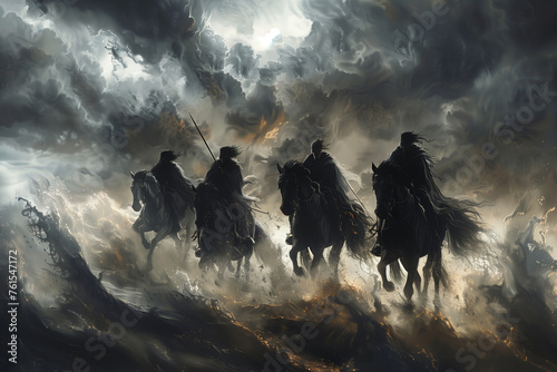 four horsemen silhouetted against a backdrop of swirling storms and crashing waves, heralding the end of days with dread and foreboding,