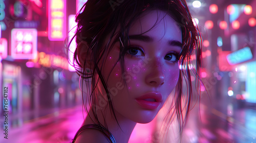 A beautiful, hyper-realistic digital portrait of a girl with neon light reflections