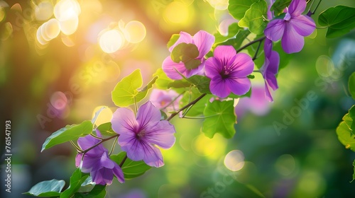 Beautiful purple flowers on the brunches of green leaf, the bright and shining florals makes people feeling freshness with the closed up to the nature. 