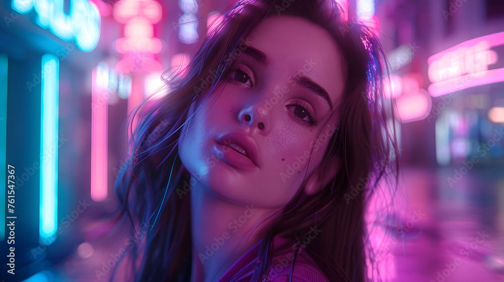Ethereal digital portrait of a young woman with a soft neon light ambiance Ethereal digital portrait of a young woman with a soft neon light ambiance
