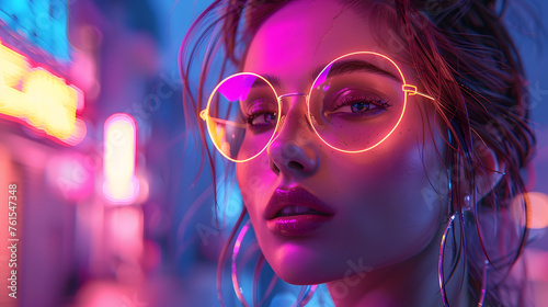 An evocative image featuring a woman with striking eyes and neon lighting