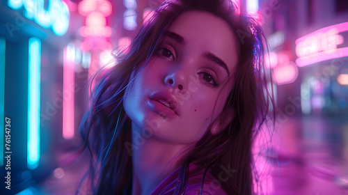 Ethereal digital portrait of a young woman with a soft neon light ambiance
