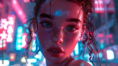 A highly detailed digital rendering of a girl's face with neon cityscape reflections