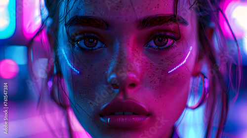 Digital artwork presenting a detailed portrait of a woman amidst bright neon light