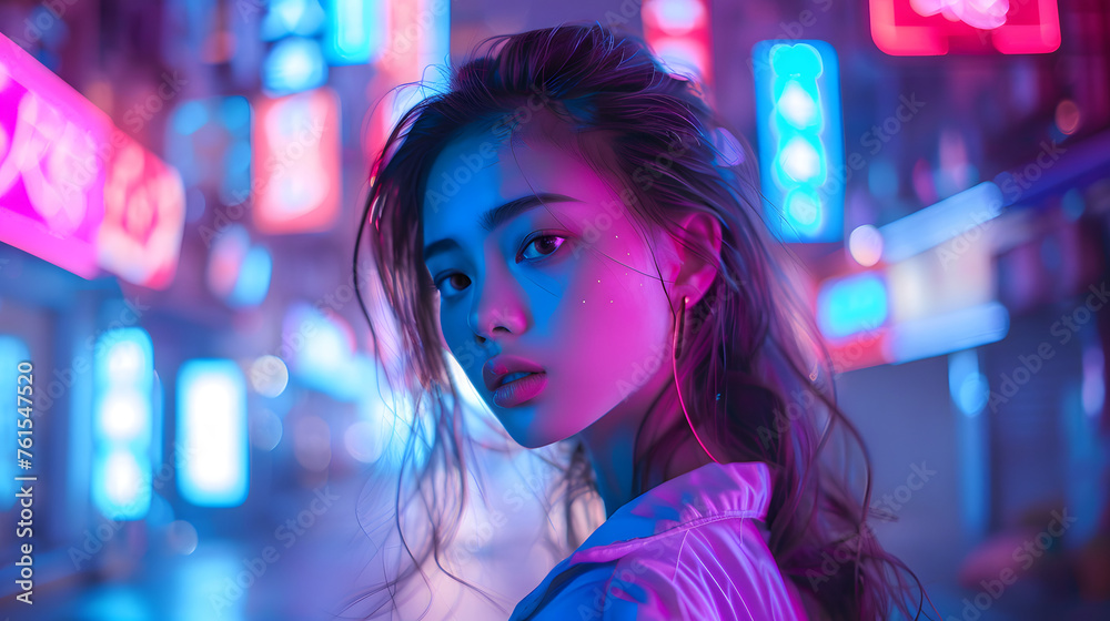 A portrait of a young woman with sparkling makeup against a backdrop of vibrant neon city lights at night