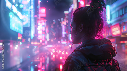 A female figure gazes at a futuristic cityscape illuminated by neon lights and digital billboards, evoking a cyberpunk aesthetic photo