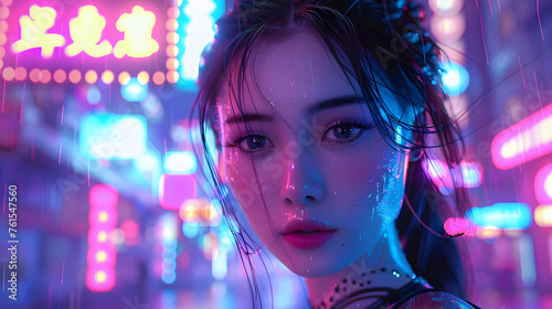 This digital art piece features a stylized female face highlighted by neon reflections, giving it a sci-fi urban vibe