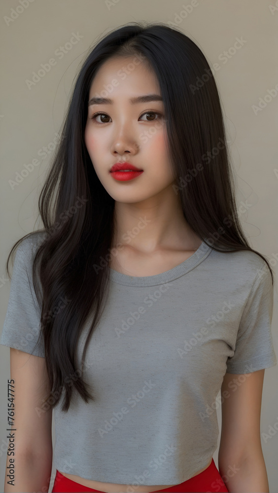 A asian woman with long black hair and bright red lipstick, wearing a grey crop top and red skirt A asian woman with long black hair and bright red lipstick, wearing a grey crop top and red skirt