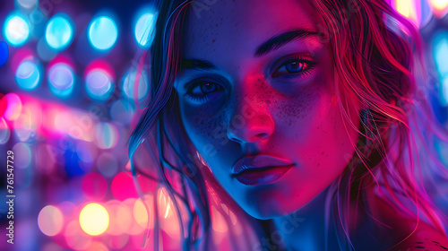 A digital art portrait showcasing a young woman's profile with neon bokeh lights in the background
