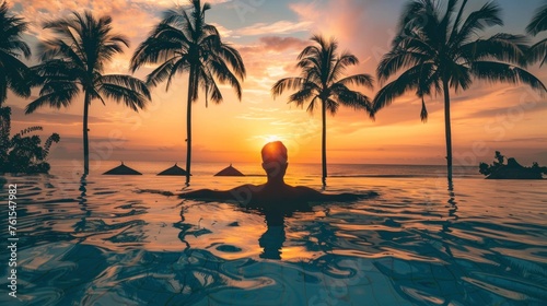 man lying in a pool on his back at sunset on a beautiful paradisiacal beach in high resolution and high quality. vacation concept,beach,man,rest,sunset
