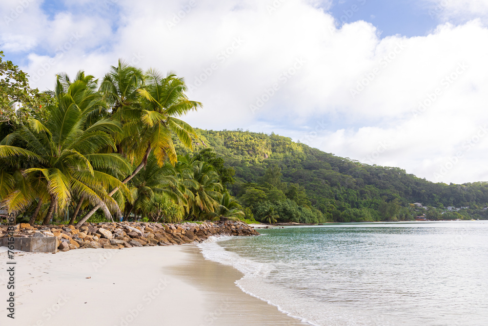 Beautiful view of the Indian Ocean and the beach. Republic of Seychelles, Mahe Island. Selective focus.