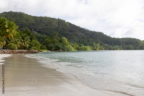 Beautiful view of the Indian Ocean and the beach. Republic of Seychelles, Mahe Island. Selective focus.