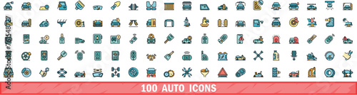100 auto icons set. Color line set of auto vector icons thin line color flat on white