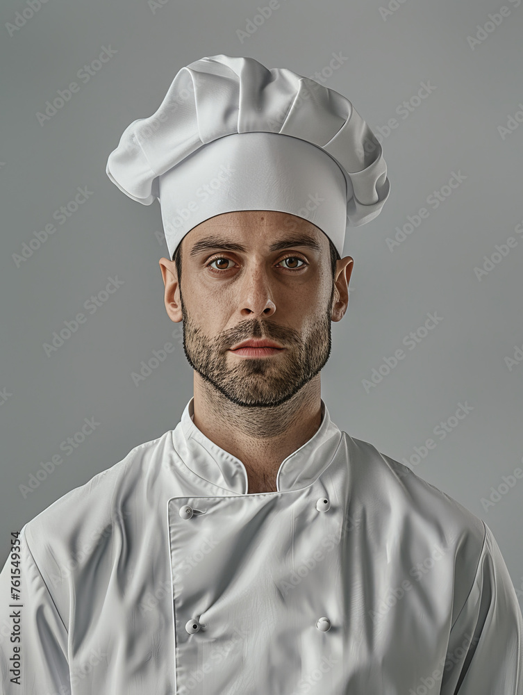 A focused young chef stands solemnly with pristine chef's attire against a neutral backdrop A focused young chef stands solemnly with pristine chef's attire against a neutral backdrop