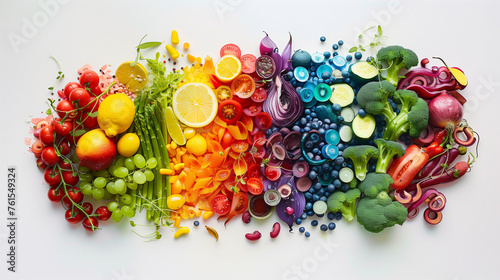 Rainbow of organic vegetables and fruits arranged by color spectrum on a white background. Flat lay composition for nutrition and healthy eating concept.