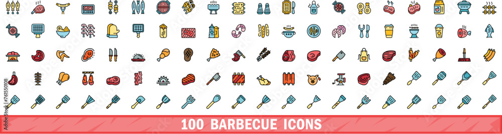 100 barbecue icons set. Color line set of barbecue vector icons thin line color flat on white