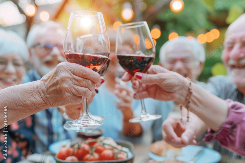 Happy group of senior friends cheering with wine at the dinner party outdoor. Joyful elderly lifestyle concept. Happy group of senior friends cheering with wine at the dinner party outdoor. Joyful elderly lifestyle concept.