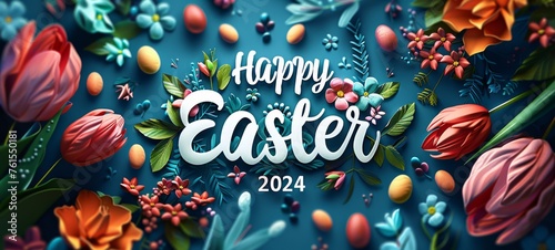 Happy easter 2024 greeting card flowers image banner. Material for greeting cards with Happy Easter text and egg frame.