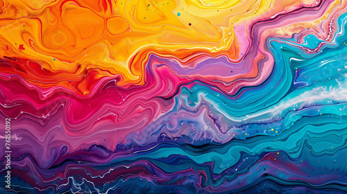 Vivid abstract waves swirl in bold marbled acrylic, a vibrant rainbow of colors, creating a dynamic textured backdrop.