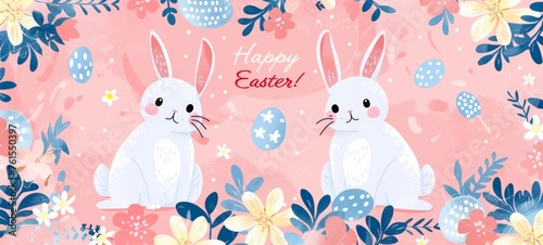 Happy Easter banner. Hello spring, Summer time, Happy Easter, decorated modern style card, banner. Bunnies, flowers and basket. Colorful minimalist design