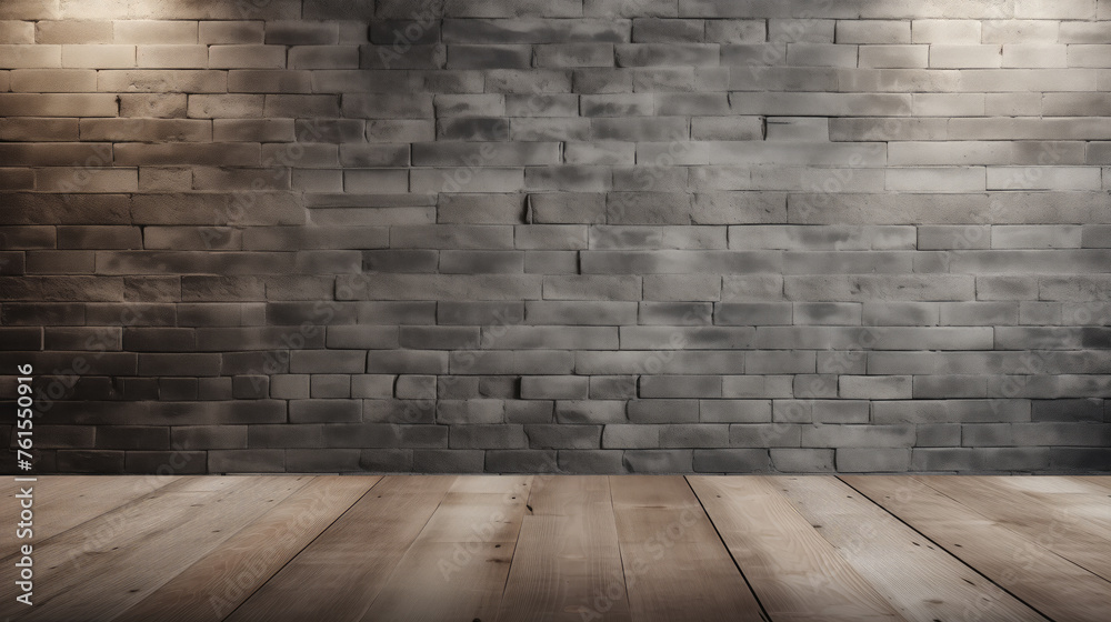 A dark, empty room featuring a textured brick wall and a glossy wooden floor.
