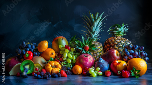 Lush arrangement of mixed fruits with dramatic lighting on a dark background. Still life food photography. Concept of natural abundance and healthy eating.
