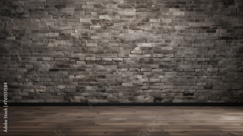 A dark  empty room featuring a textured brick wall and a glossy wooden floor.